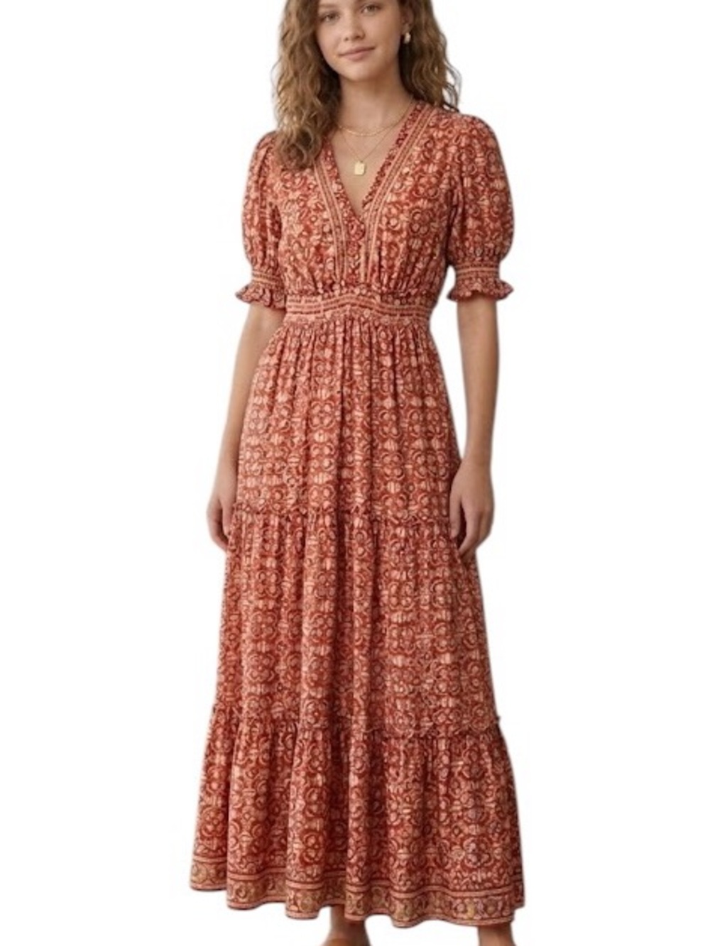 Max Studio Bohemian Rust Floral Tiered Maxi Dress